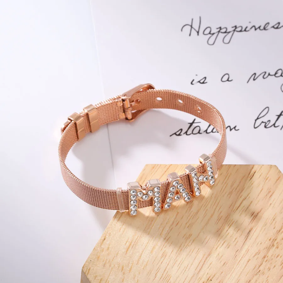 

Seialoy Rose Gold MOM Charm Mesh Bracelets For Women Original English Alphabet Beads Stainless Steel Bangle Mother's Day Gift