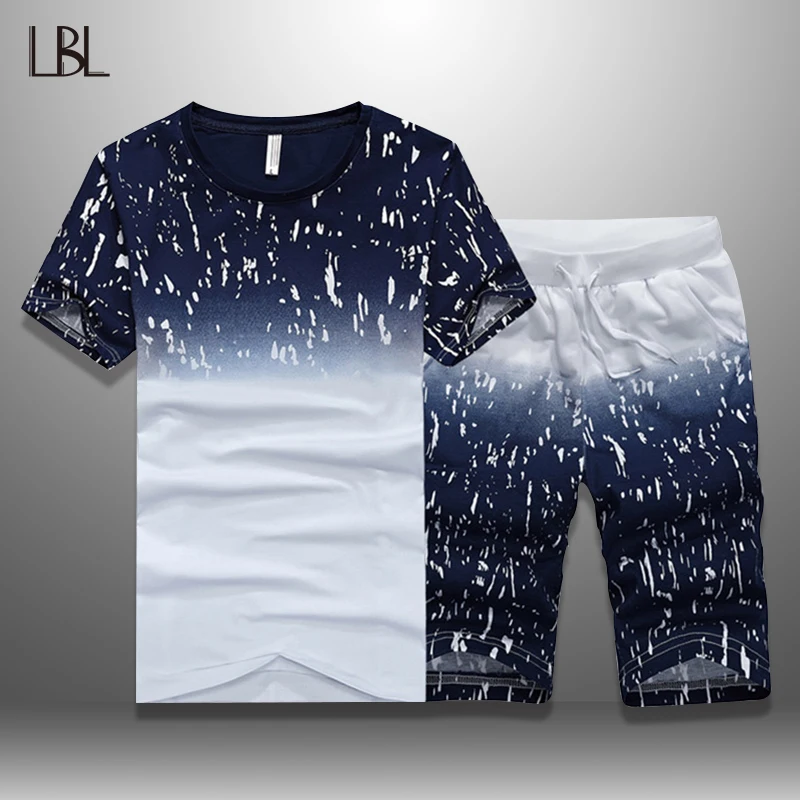 Летний мужской костюм повседневный спортивный комплект новая модная футболка с