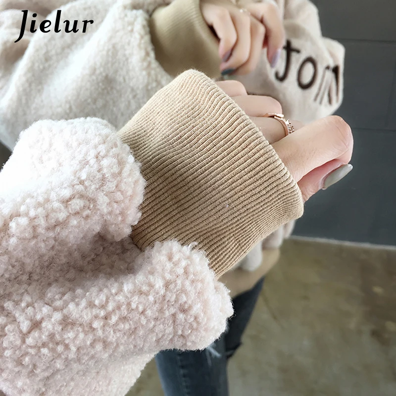 

Jielur Thick Lamb Wool Women's Sweatshirt Winter Hooded Warm Hoodies Korean Loose Letter Embroidery Khaki Pullovers Female S-XL