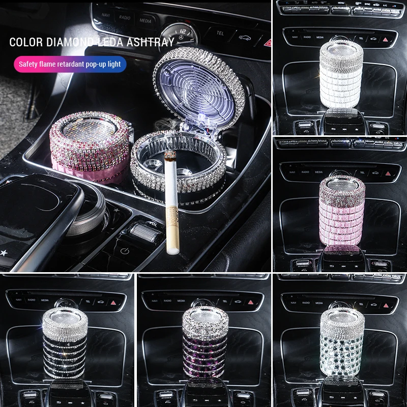 

Diamond Car Ashtray with LED Light Cigarette Cigar Ashtray Container Bling Car Assessoires Interior for Women Ash Tray for Car