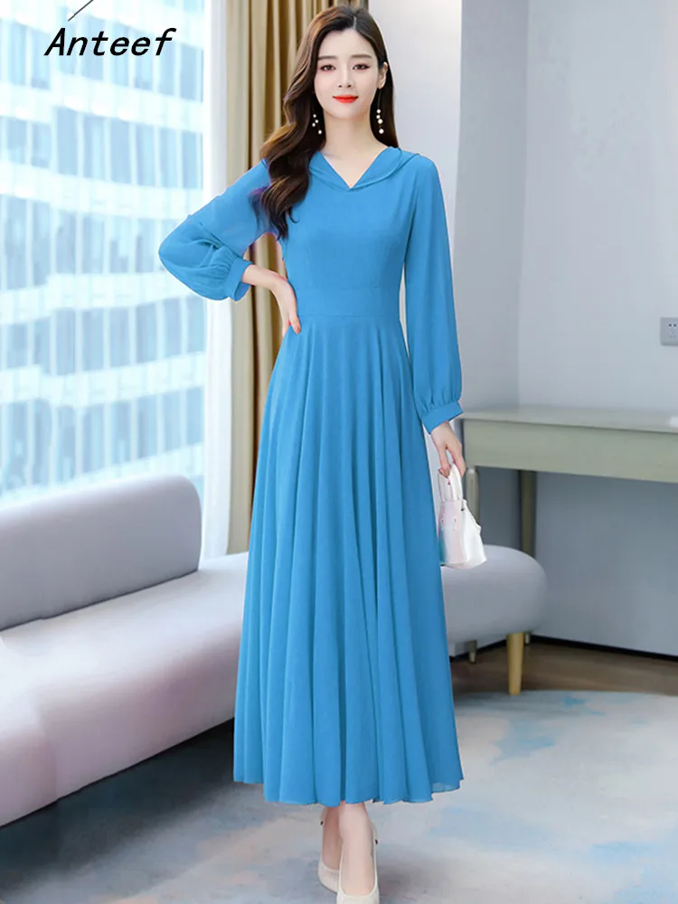 

long sleeve chiffon hooded vintage dresses for women casual loose women spring summer autumn beach dress elegant clothes 2021