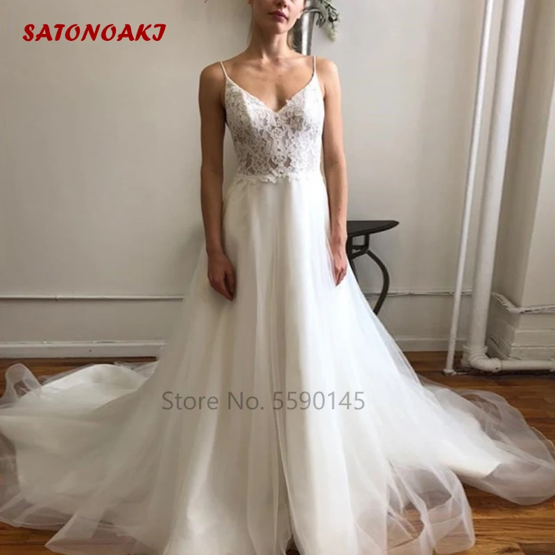 

Романтичное кружевное свадебное платье из фатина 2020 на тонких бретелях на пуговицах сзади Свадебные платья Boho развертки Поезд Vestido De Novia Инт...