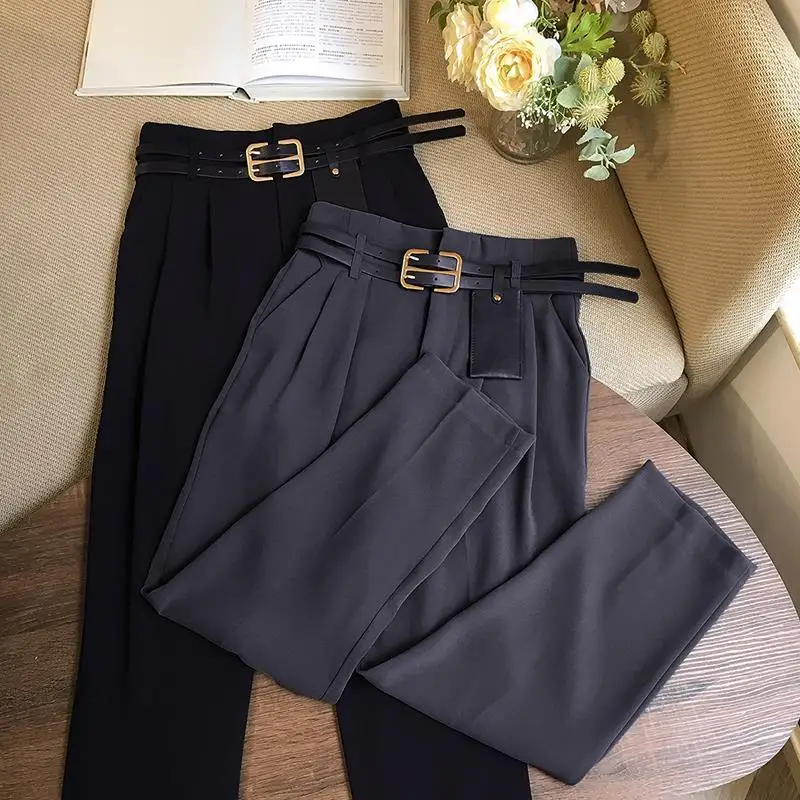 

2021 New Black Suit Pants Women High Waist Pants with Belt Pockets Office Lady Casual Ankle-length Nine Points Pants Y499