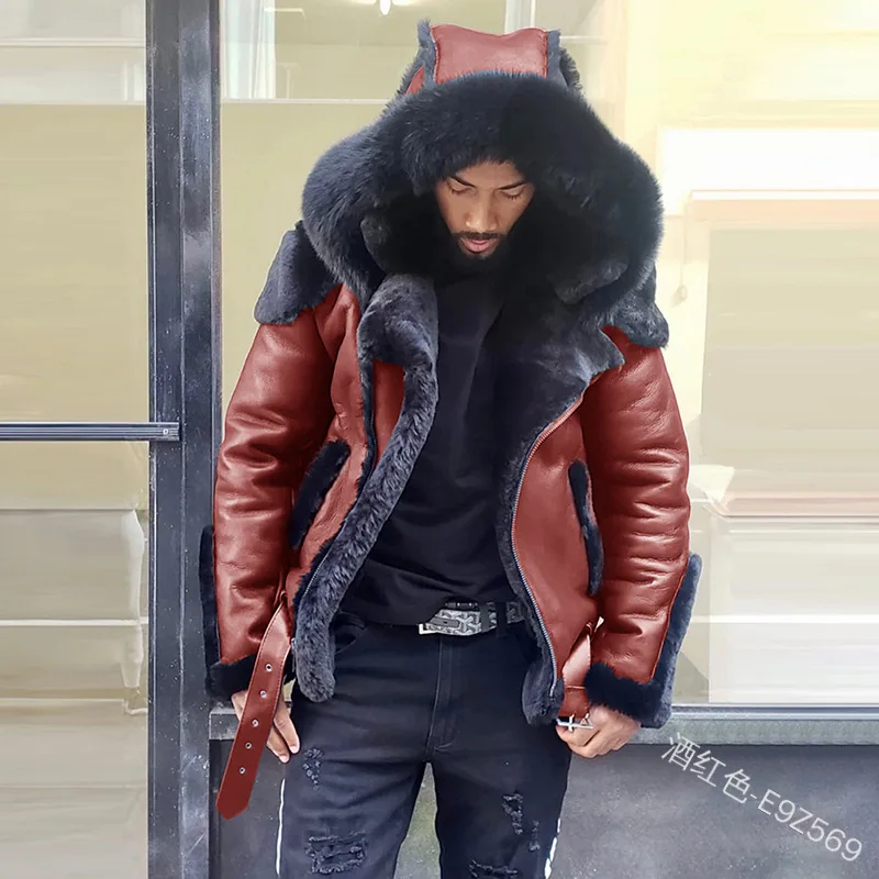 

Faux leather down fur Outer Wear Thick Short Coat Winter Men's Large Fur Collar Hooded Casual Leather Jacket Zipper 5XL