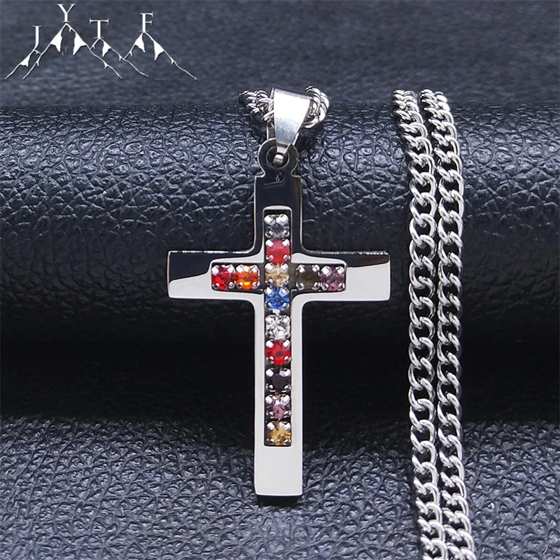 

2023 Stainless Steel Colorful Crystal Chain Necklace Women Silver Color Cross Necklace Religion Jewelry chaine collier N4916S05