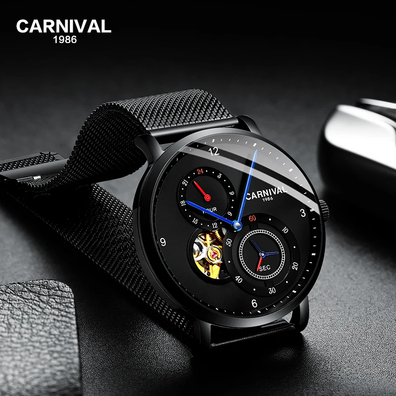 CARNIVAL 2020 Automatic Watch Men Fashion Tourbillon Mechanical Watches Small Second dial 24 Hours Display Sapphire Montre homme