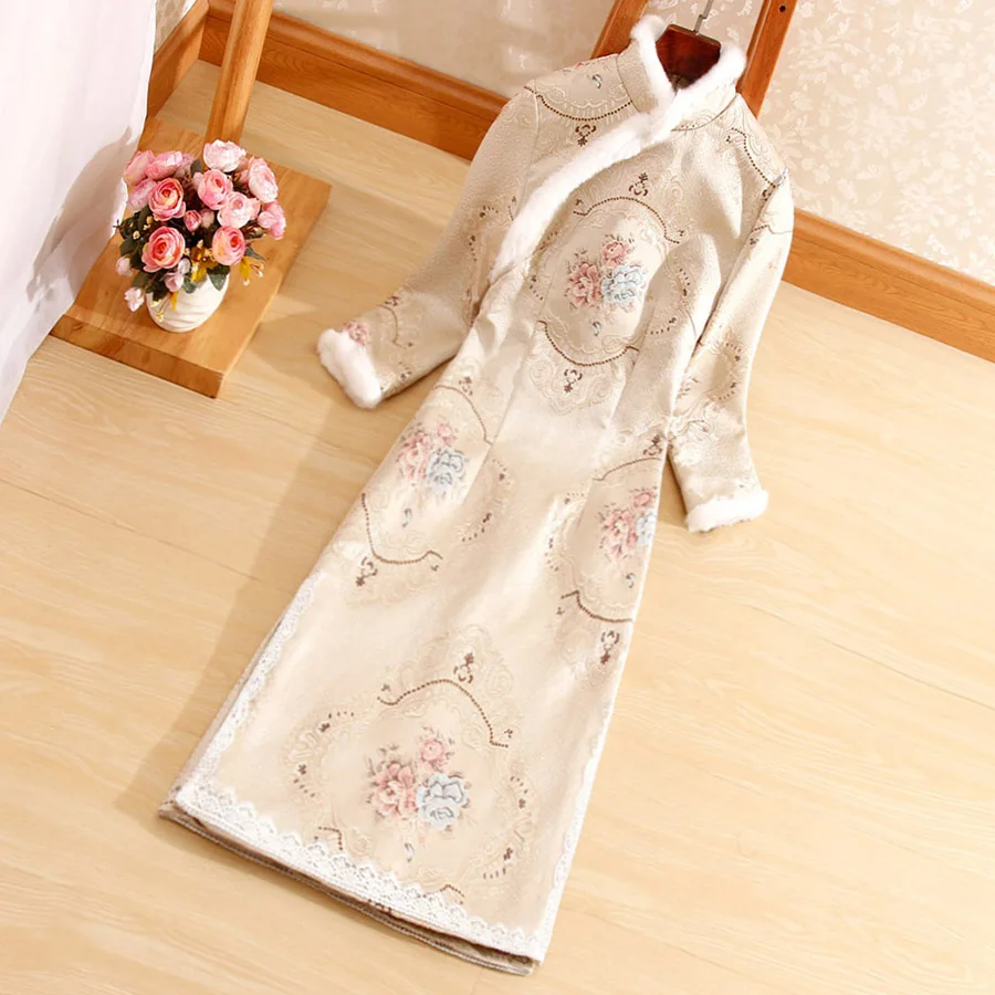 Высококачественное цветочное осеннее женское платье миди в китайском стиле