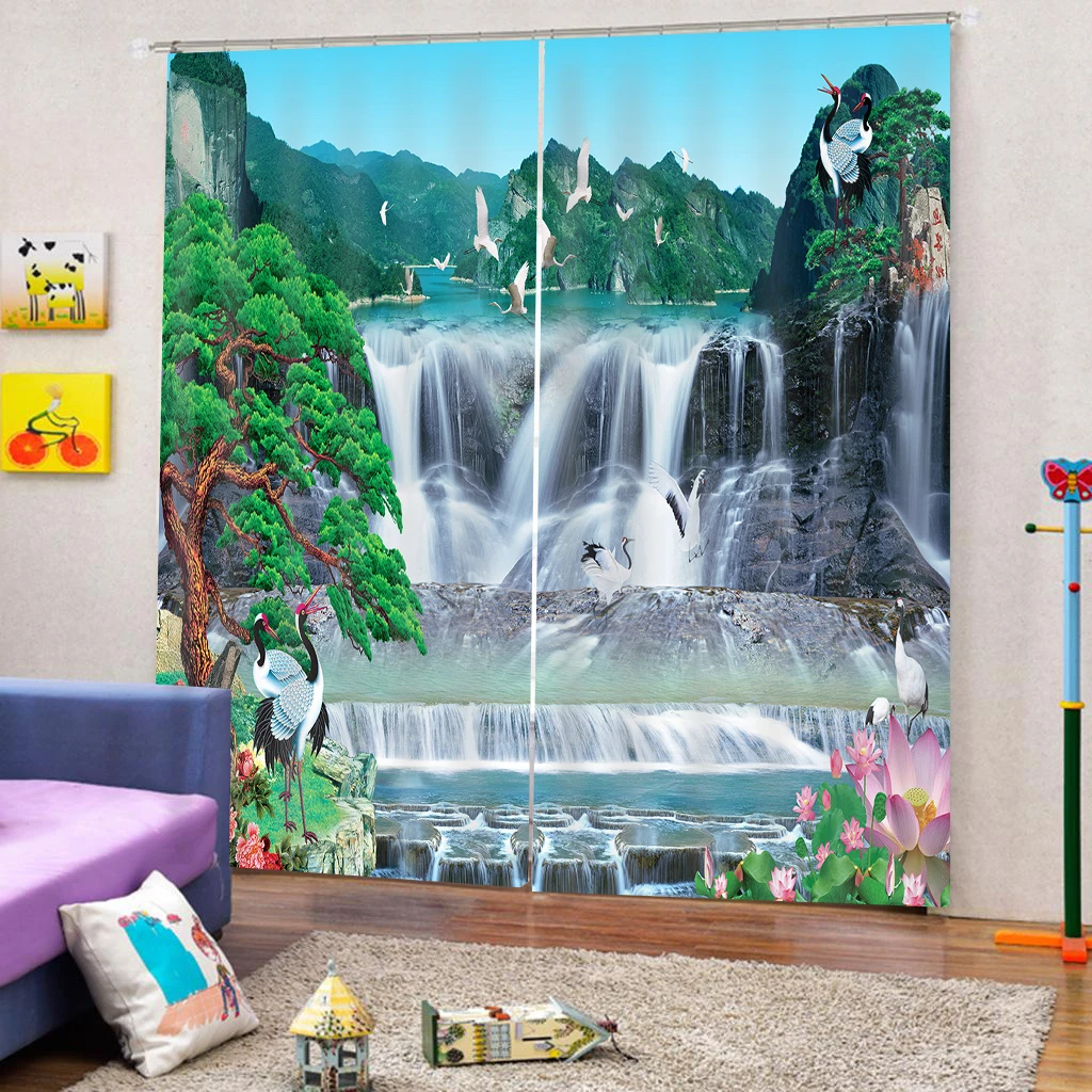 Шторы на окна с 3d изображением водопада роскошные занавески принтом затемняющие