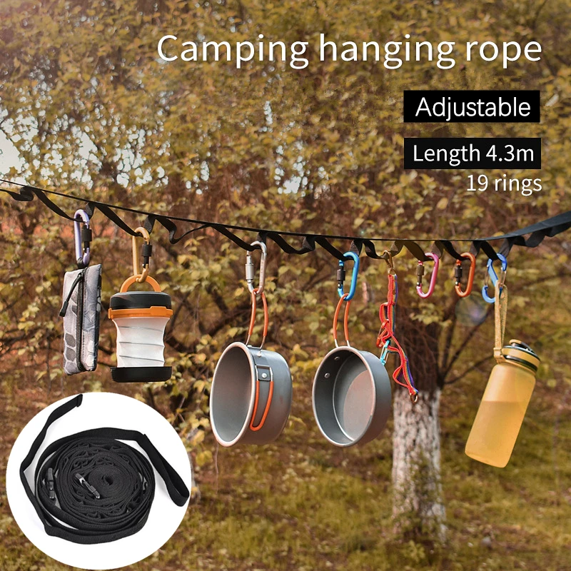 

1Pc 430cm Outdoor Camping Hanging Rope Portable 19 Ring Tent Lanyard Adjustable Hammock Strap