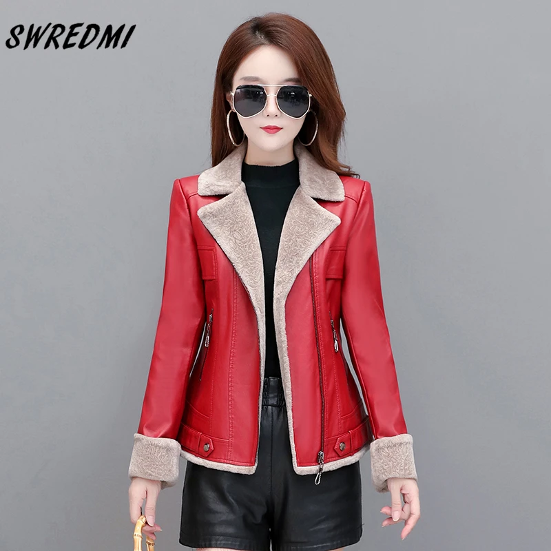 SWREDMI Thick Warm Jacket Women Autumn And Winter Fur Leather Coat Office Lady Fashion Clothing 5XL Turn-Down Collar