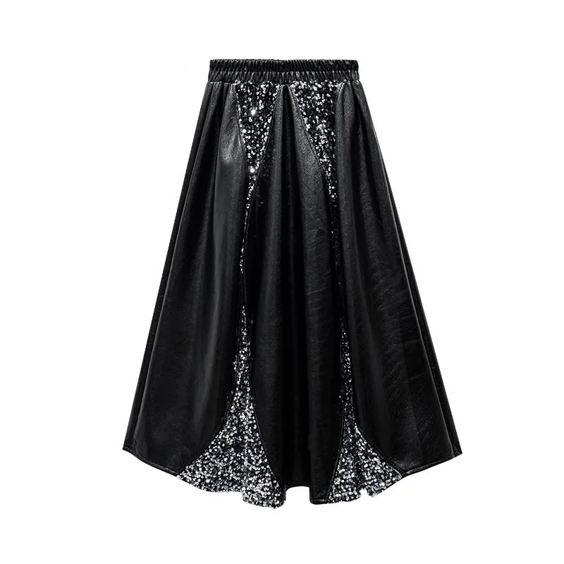 

Women High Waist Skirt Sequin Stitching Black Leather Skirts Elastic Waist Maxi Skirt Loose Long Skirts Autumn Winter Clothes