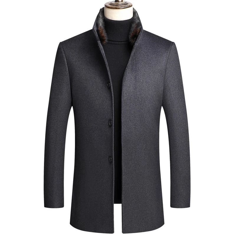 

2021 New Medium Long Real Fur Collar Men Overcoat Thick Down Liner Woolen Coat Men