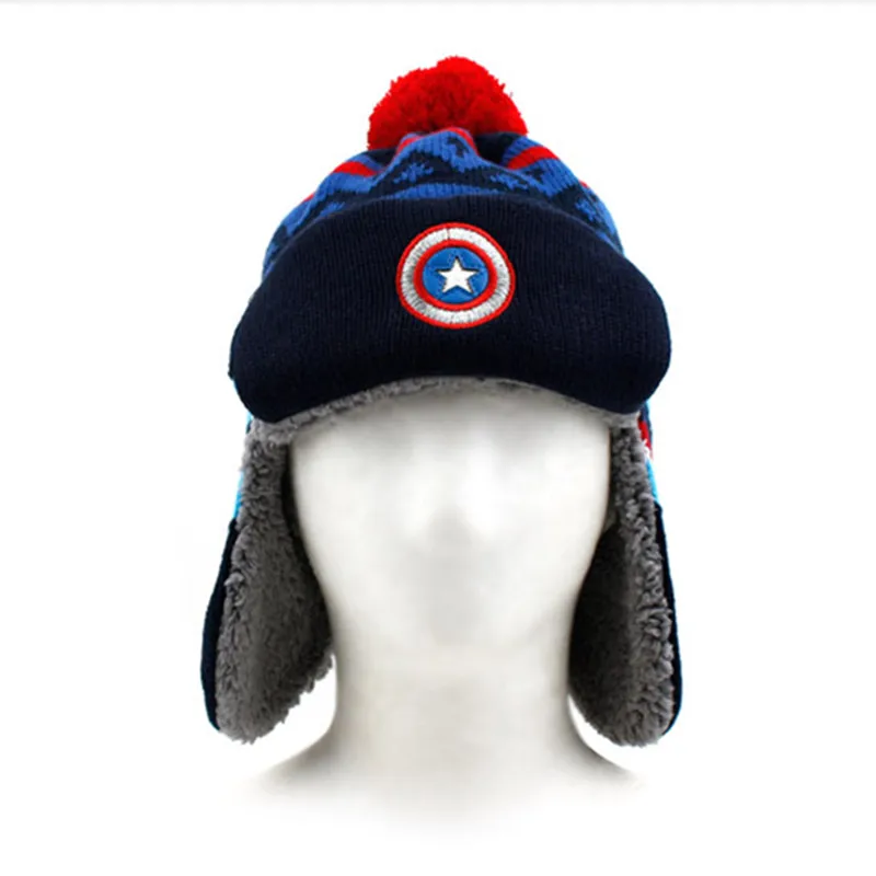 Зимняя детская шапка Marvel, Капитан Америка, Железный человек, шапочка для мальчиков, зимняя плотная теплая шапка-ушанка с ушками