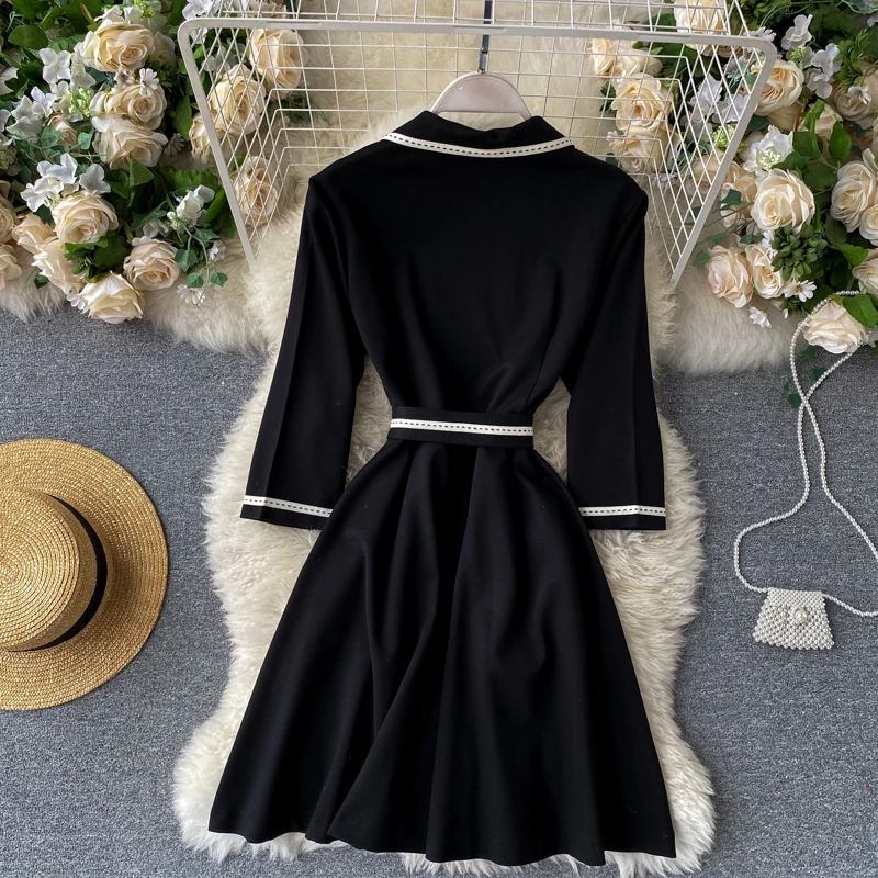 

Retro Casual OL Notched Collar Suit Dress Long Sleeve Elegant Belted Dress