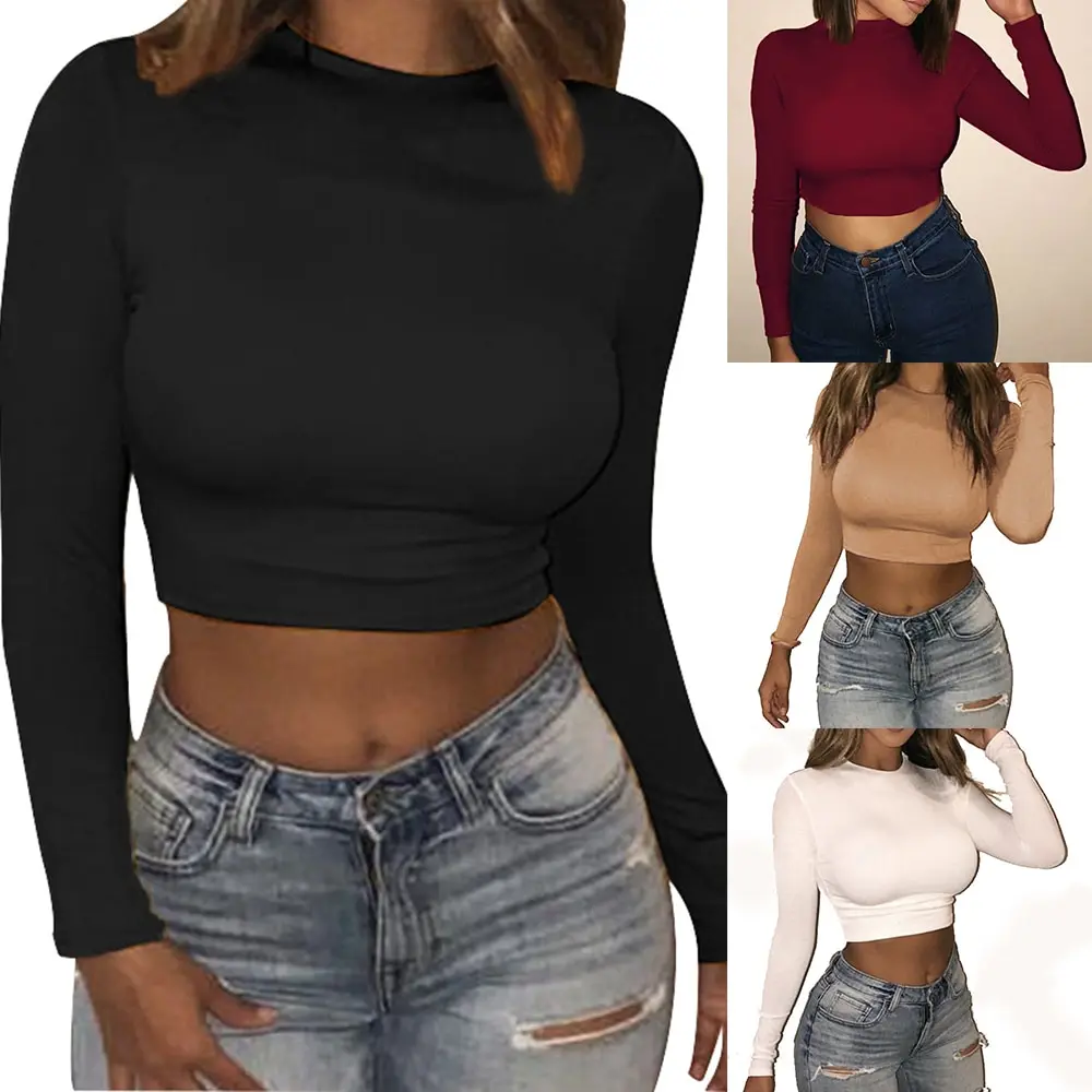 

2020 Tops Black T Shirts Sexy Basic Short TShirts Femme White Women Shirts Harajuku Spring Winter Long Sleeve Crop Tops