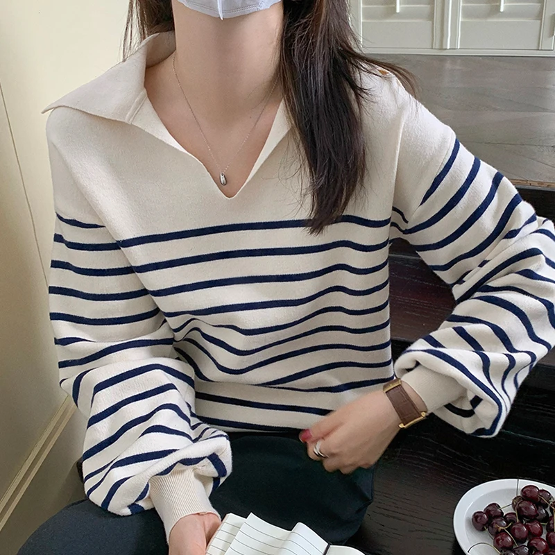 

Sweater Women 2021 New Korean Fashion Casual Wild Lapel Contrast Stripe Design Loose Puff Sleeve Knit Pullover Sweaters