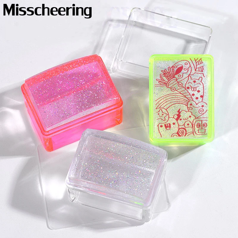 

1Set Rectangle Jelly Silicone Nail Stamper Fluorescence Green Pink Clear Handle Starry Glitter Stamping Nail Art Template Tools