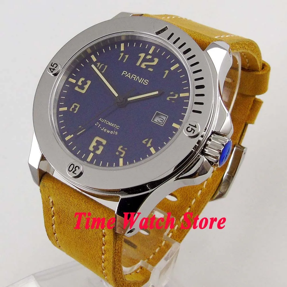Мужские часы PARNIS с синим циферблатом твердым корпусом 316L SS сапфировым стеклом