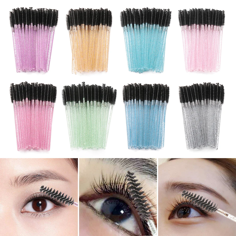 50Pcs /Bag Cosmetic Eyelash Brush Crystal Mascara Wands Applicator Diamond Eyelashes brushes Disposable Make Up Tools | Красота и