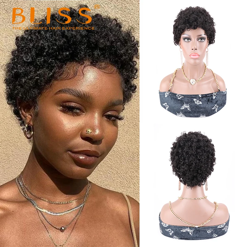 

Короткие кудрявые афро вьющиеся человеческие волосы Bliss, бразильские кудрявые афро парики для черных женщин, без шнуровки, короткие кудрявы...