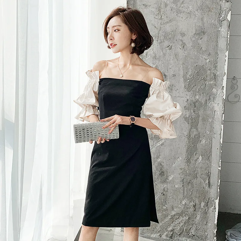 

Yigelila 2019 spring European and American style contrast color personalized Bubble Sleeve Black annual meeting dress women's