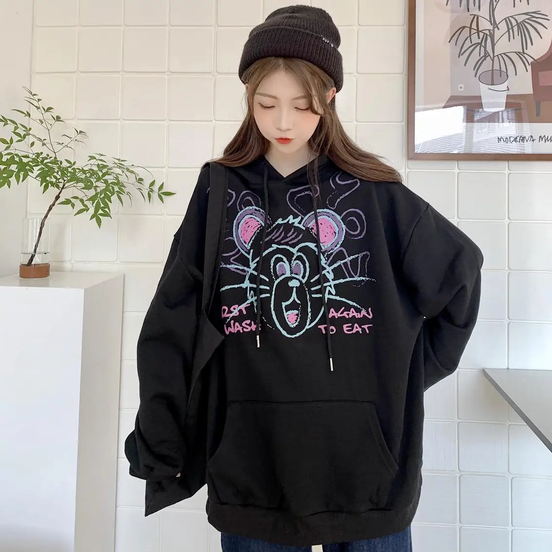

Autumn And Winter New Women Plus Cashmere Sweatshirt Loose Harajuku Women'S Hoodie Cartoon Print Round Neck Long Sleeve Pullover