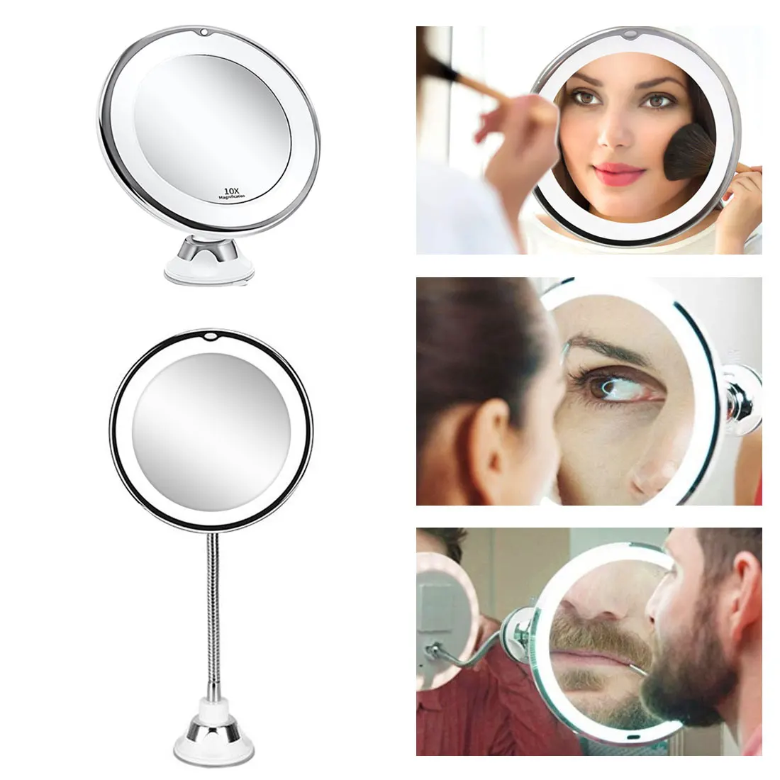 

LED Makeup Mirror 10X Magnifying Makeup Mirror with Led Light Flexible with Sucker Wall-mounted Vanity Mirror Makeup tool