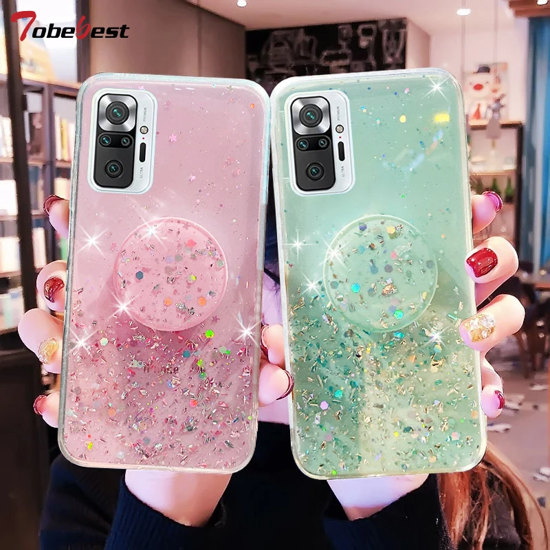 Серебряный чехол для телефона с подставкой Silver Foil для Xiaomi Redmi Note 10 Pro Max 4G 5G Coque Bling Glitter Soft Silicone Stand Cover.