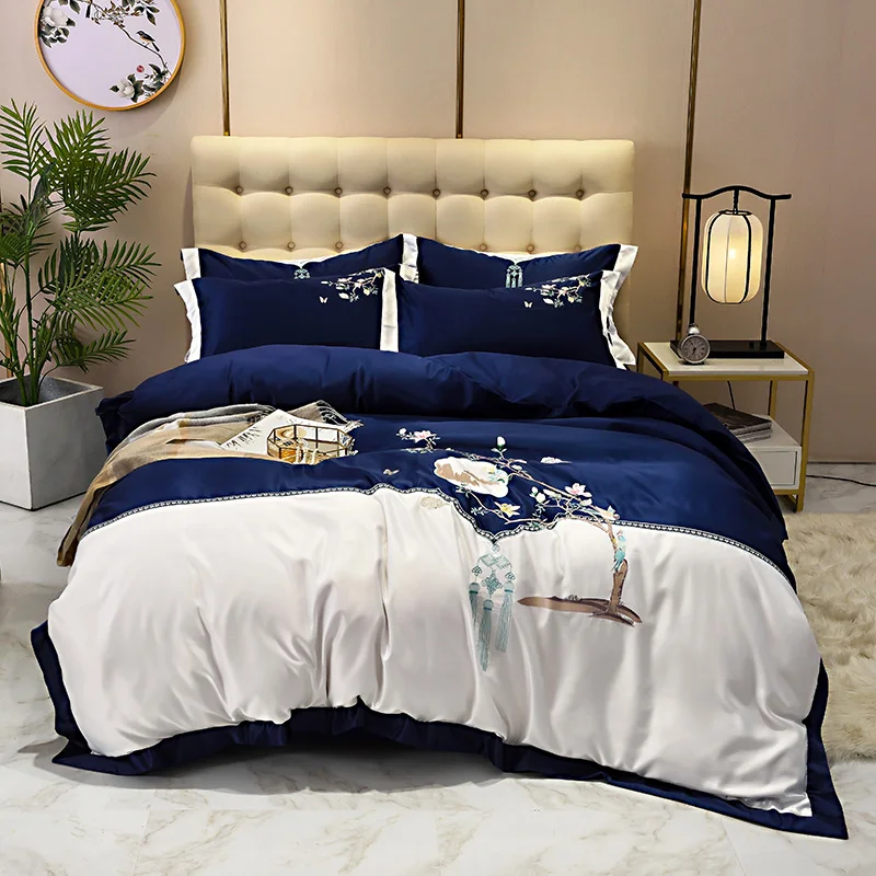 

Новый роскошный классический Комплект постельного белья в китайском стиле с цветочной вышивкой из сатина шелка хлопка комплект с двойным п...