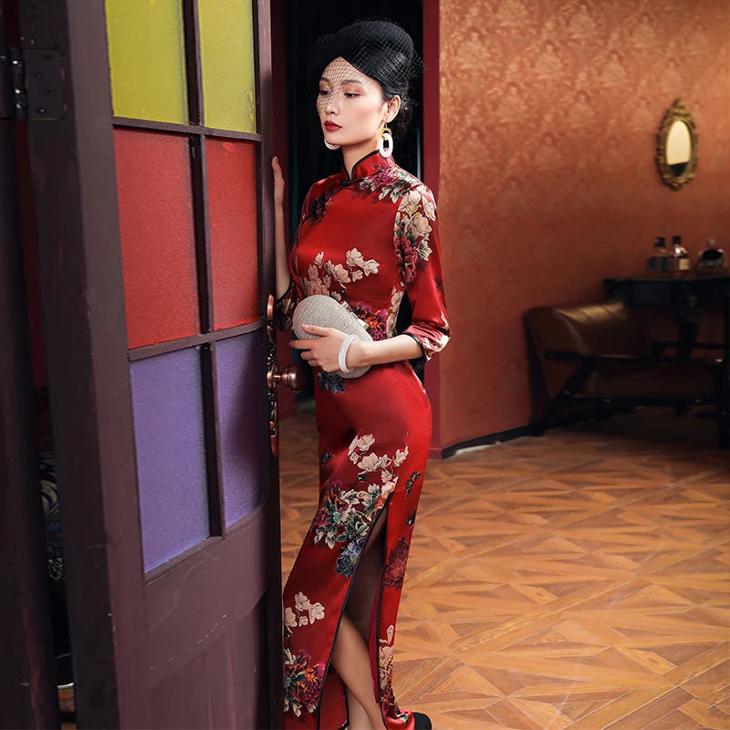 

Four miss qiu dong improved qipao dress silk long-sleeved red runway long elegant young 7 minutes of sleeve