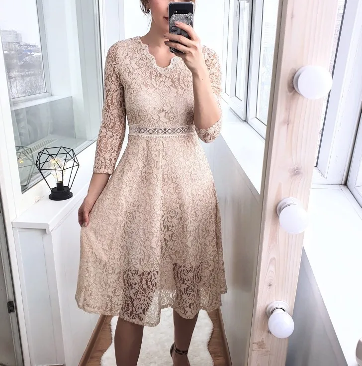 Женское кружевное платье с длинным рукавом Элегантное Длинное Платье v-образным