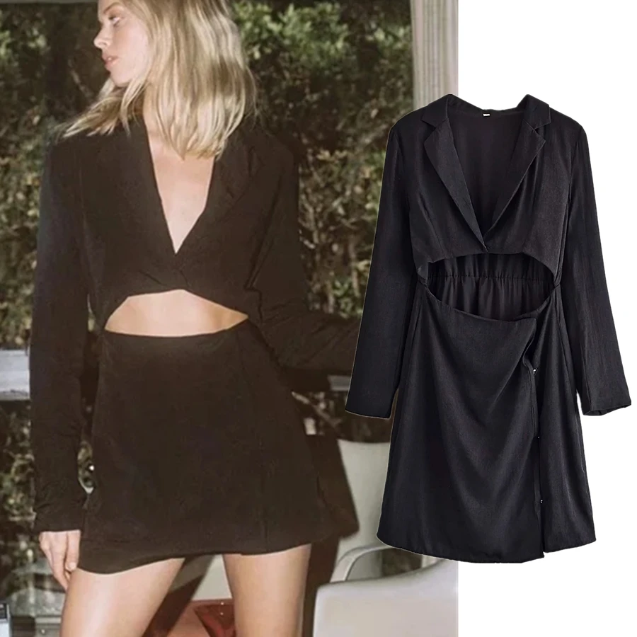 

Maxdutti Autumn England Ins Blogger Fashion Dress Women High Street Vintage Hollow Out In Waist Sexy Notched Mini Tops Vestidos