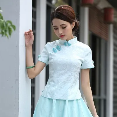 light blue Blouse Sheng Coco Black China Blouse Women Traditional Chinese Shirt Clothing Chinese Jacquard Cotton Cheongsam Shirt Flower Buckle Top - Цвет: light blue Blouse