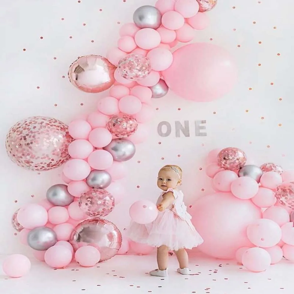 

76pcs Girls Theme Party Baby Pink Silver chrome Balloons Arch Rose Gold confetti Balloon wedding Birthday Party Decoration Balao
