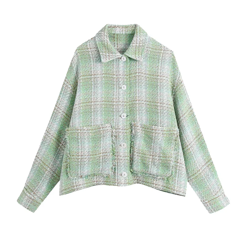 

Women 2021 Fashion Frayed Trims Oversized Tweed Jacket Coat Vintage Long Sleeve Pockets Female Outerwear Chic Overshirt