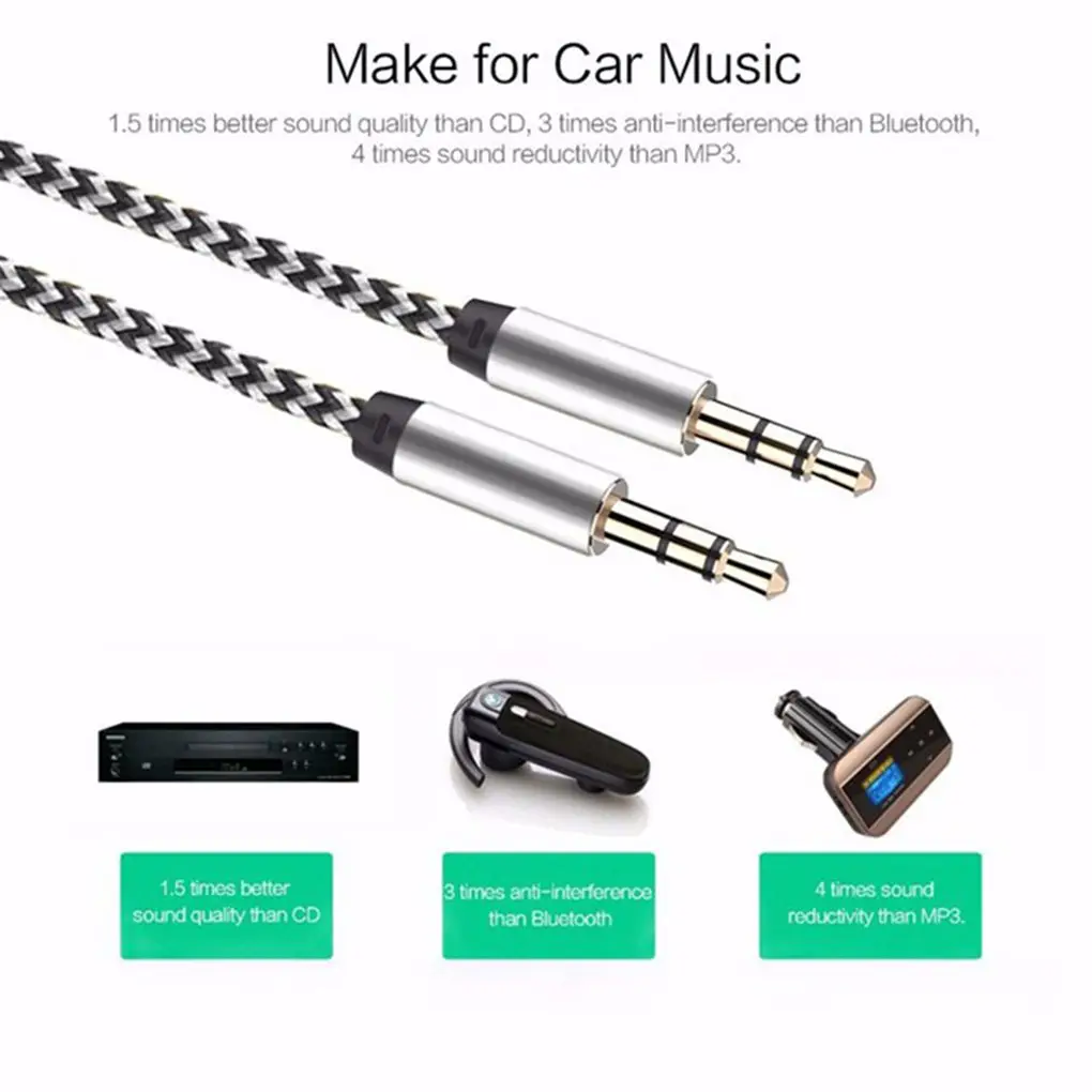 Car Aux Cord 1m Nylon Jack Audio Cable 3.5 mm to 3.5mm Aux Cable Male to Male Cloth Audio Aux Cable Gold Plug for iphone speaker images - 6