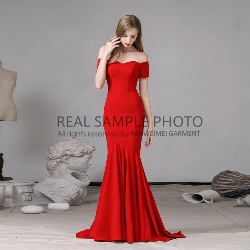 Красное Атласное Вечернее платье русалки с открытыми плечами бальное для