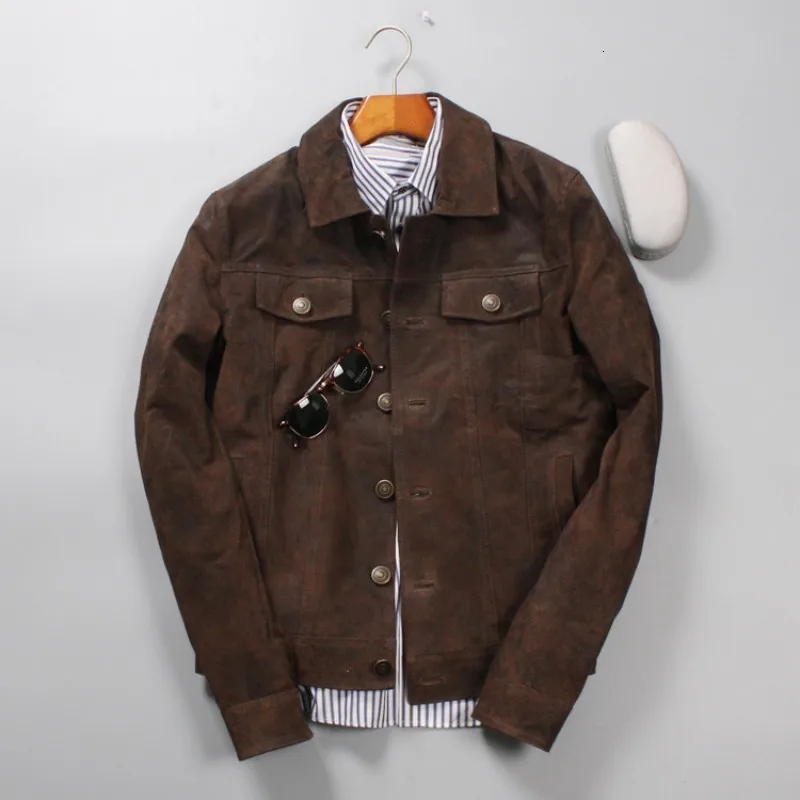 Мужская однобортная куртка из свиной шкуры черная приталенная натуральной кожи