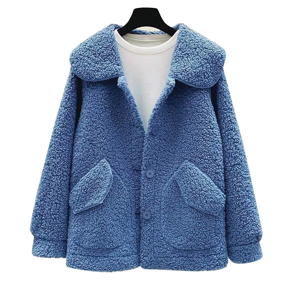 

COFEKATE Women Thicken Lambswool Coat Solid Casual Winter Warm Lapel Outwear Tops with Pockets Long Sleeve Turn-Down Neck Jacket