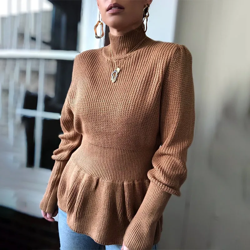 

Turtleneck Knitted Ruffles Women's Sweater Long Sleeve Narrow Cuffs Slim Gird Waist Female Pullover Solid Fashion Spring Winter
