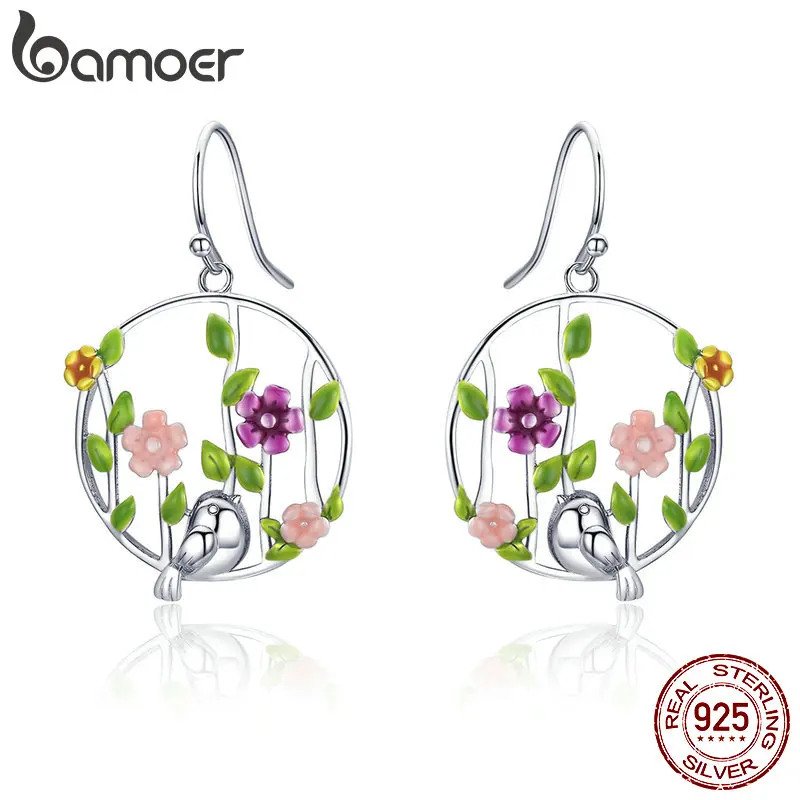BAMOER, настоящее 925 пробы, серебряные, цветущие лесные птицы, секретные Висячие серьги для женщин, серьги из стерлингового серебра, ювелирные изделия SCE480