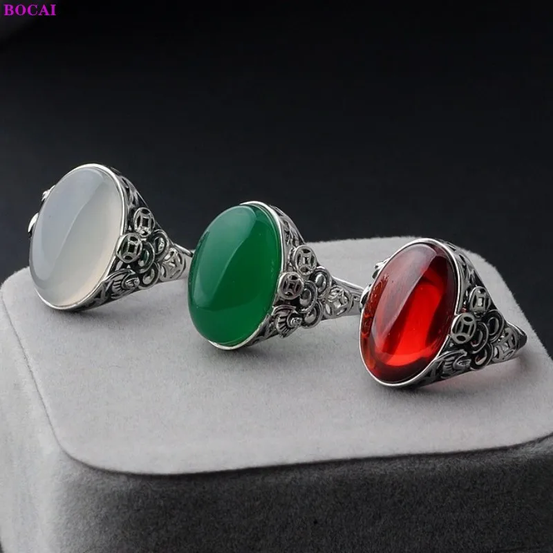 

BOCAI 100% S925 Sterling Silver Rings Garnet Chalcedony Agate Ancient Chinese Coin Pattern Pure Argentum Gem Ornament for Women