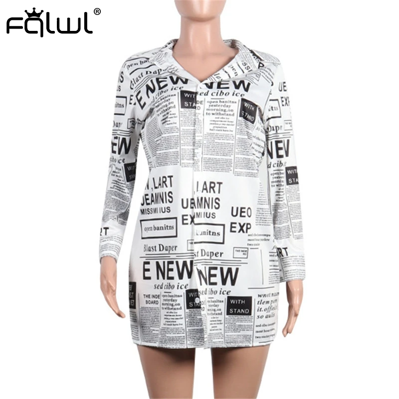 FQLWL Newspaper Letter Printed Long Blouse Shirt Women Tops Sleeve Loose Female Blusas Autumn Sexy Club Ladies | Женская одежда
