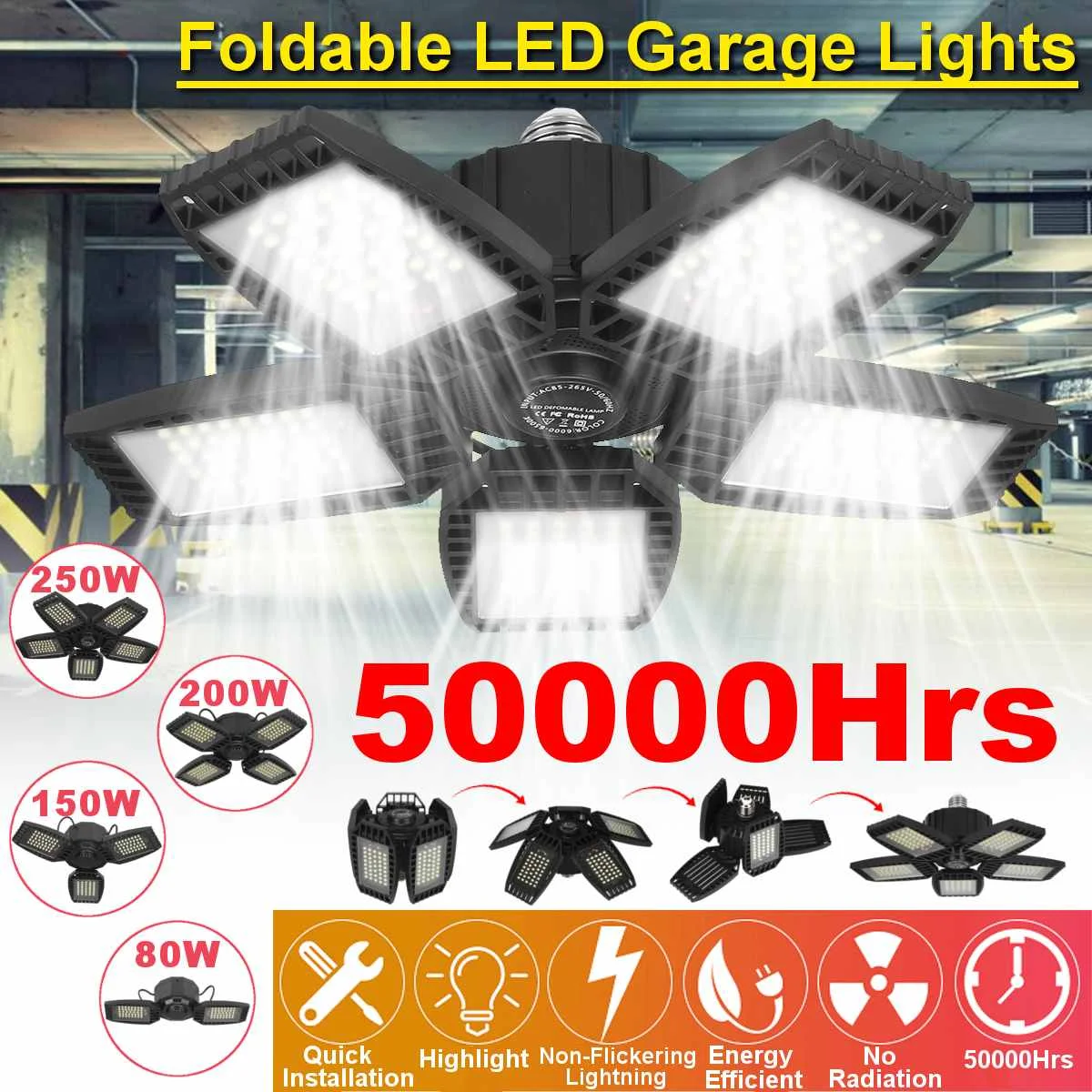

LED Five Leaf Garage Light Foldable Garage Ceiling Lamp Deformation Basement Indoor Outdoor Deformation High Bay Light