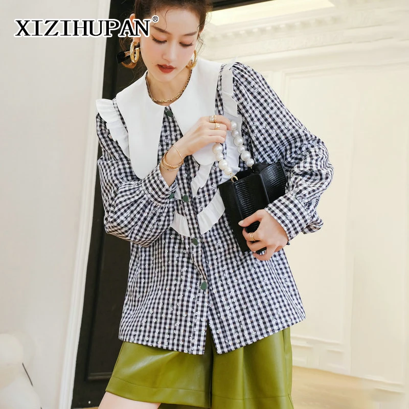

Повседневная клетчатая женская рубашка XIZIHUPAN с отложным воротником и длинным рукавом в стиле пэчворк Свободные корейские блузки с цветными...