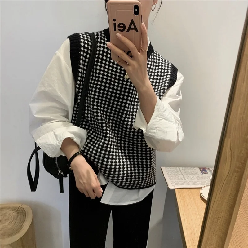 

Винтажная уличная одежда, мягкие теплые повседневные женские топы, вязаный элегантный базовый женский жилет с круглым вырезом, ромбиками, в...