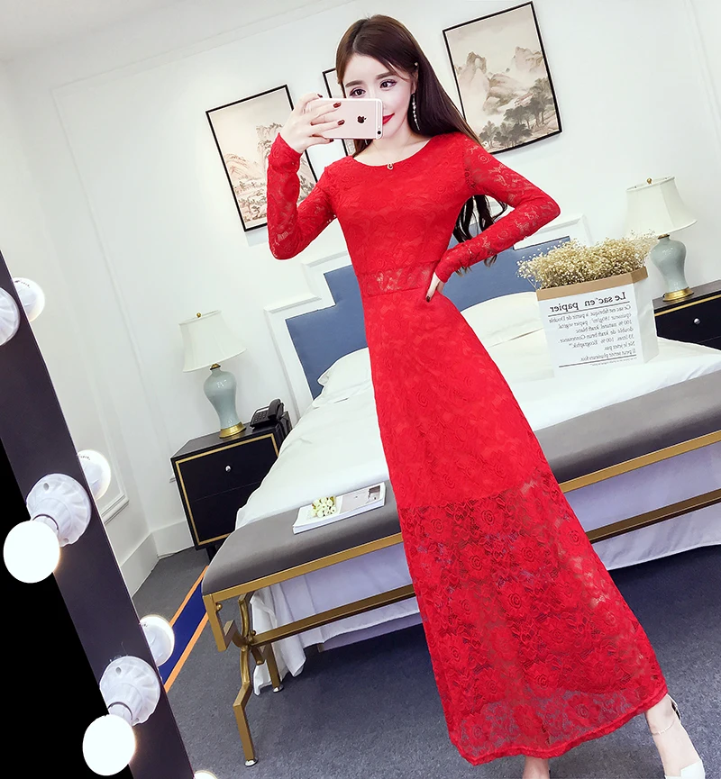

Women Lace Mesh Christmas Xmas Dress Fashion Long Sleeve O Neck Dress Party Formal High Waist Lace Maxi Dresses