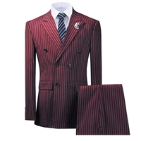 double breasted peak lapel stripes burgundy blazer two pieces mens suit with pants formal navy jacket for wedding groom tuxedos