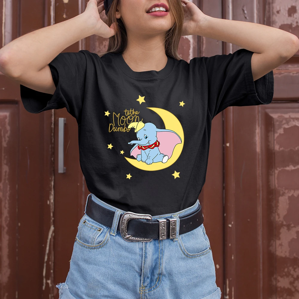 

Cute Moon Dumbo T Shirt Women Cartoon Fashion Young Style Ladies Clothing Streetwear Casual Woman T-shirts Black Top Shirts