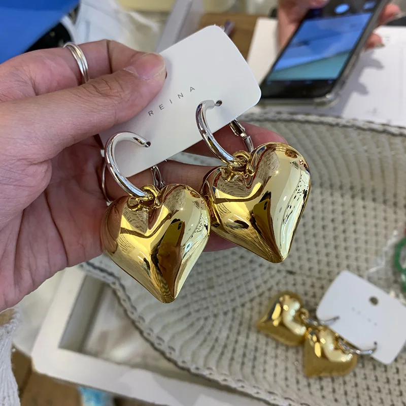 Сердце золотистого цвета 3D узор болтается винтажный геометрический эффектный обруч серьги стереоскопический любовь круглые серьги круги женские Вечерние - Окраска металла: Gold